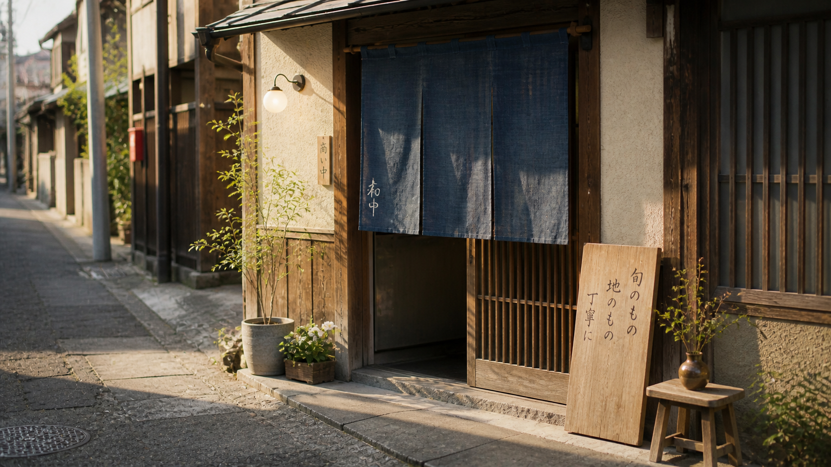 お店の外観:藍の暖簾と街並み