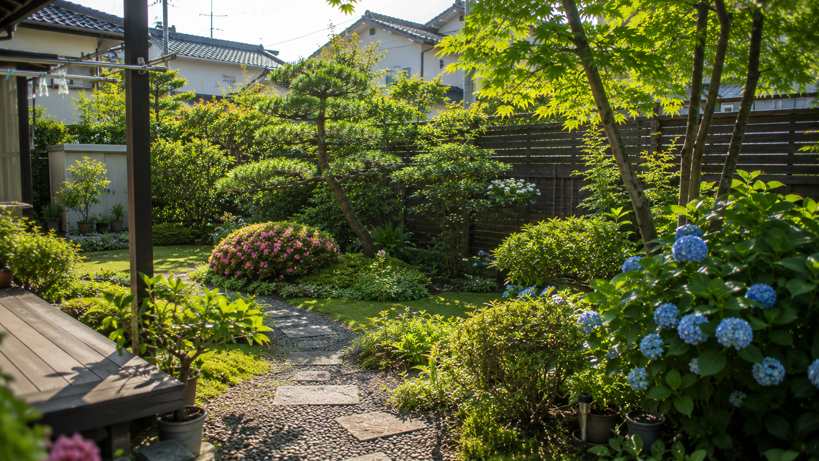 普通の家の庭、朝の光