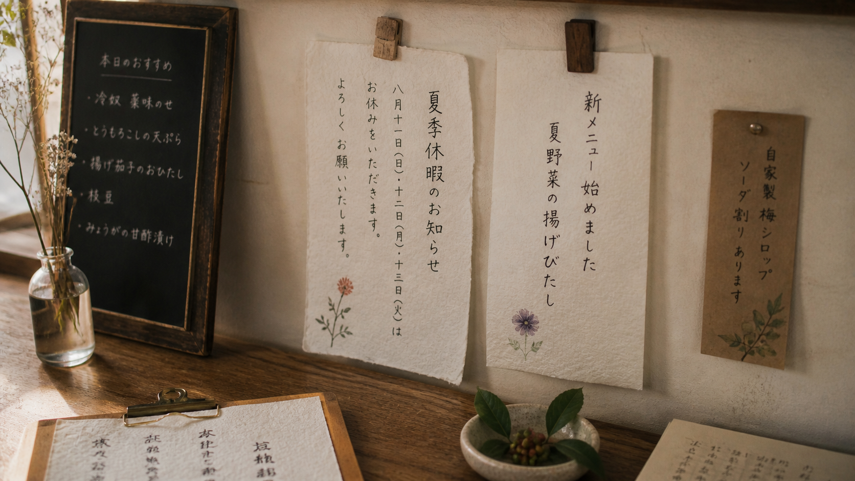 季節のお知らせ:手書きの和紙メモ